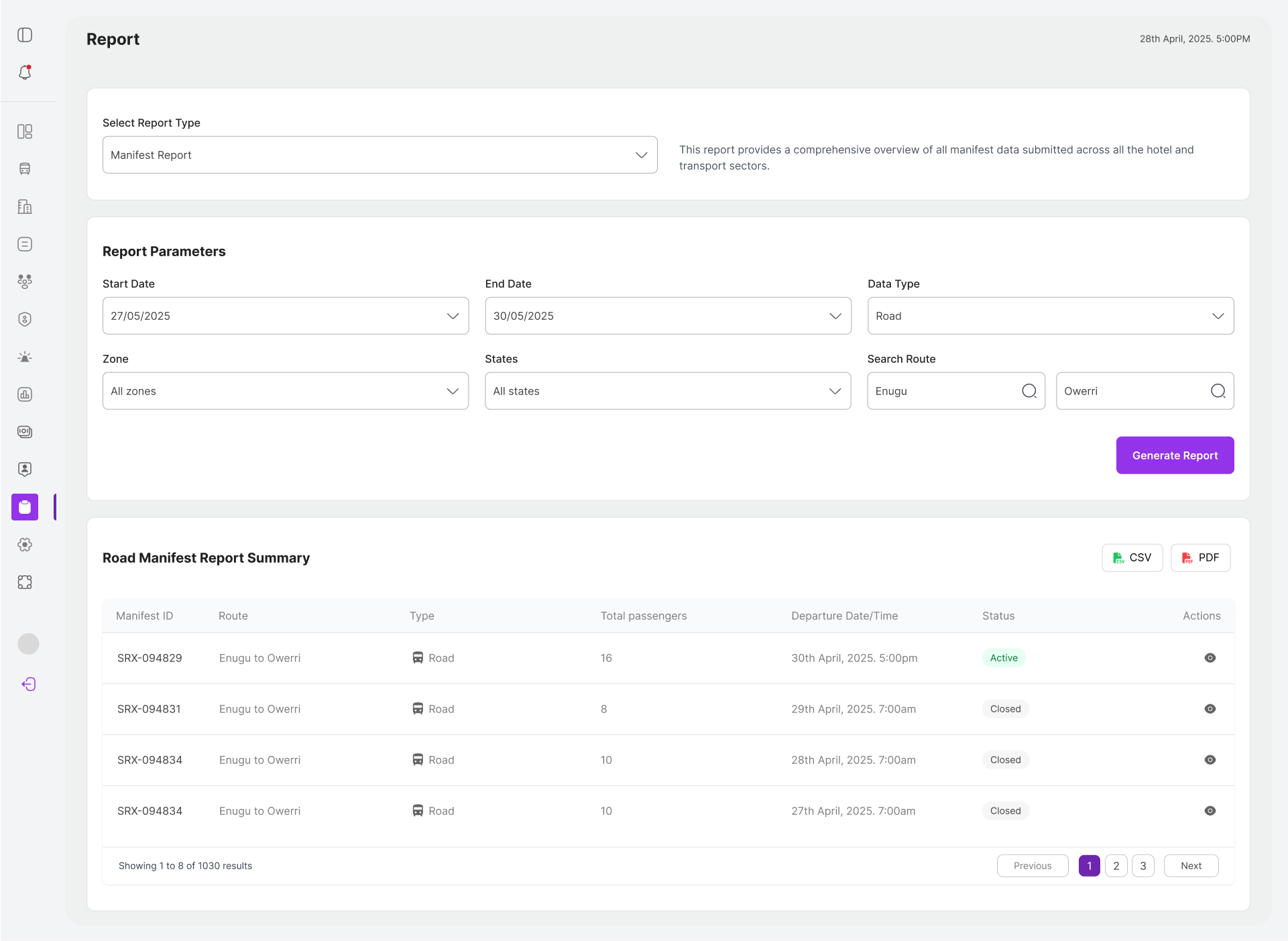 ECCRS manifest reports secondary screen